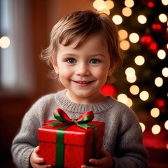 Fototapeta na wymiar Smiling young child holding Christmas present, happy sharing traditional gift