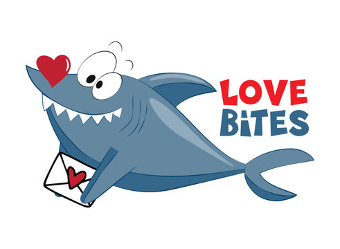 Love bites - shark with heart and with envelope. Happy Valentie's Day! Good for T shirt print, card, poster, textile print and other gifts design.