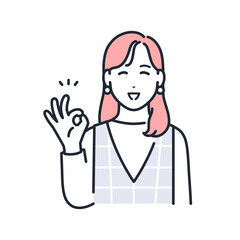 笑顔でOKサインをするおしゃれな若い女性のシンプルなベクターイラスト素材