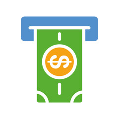 Cash withdrawal. ATM, bank, dollar sign, bill, currency, money, financial management, banking, payment, pay, spend, budget allocation, credit. Colorful icon on white background