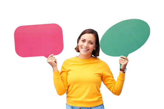 Speech bubble, happy and portrait of woman with poster on isolated, png and transparent background. Social media, branding and person with banner space for communication, news and announcement