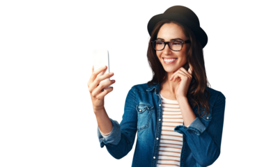 Phone selfie, face and happy woman with social media on isolated, transparent or png background. Smartphone, profile picture or female fashion influencer with live streaming app, photography or blog