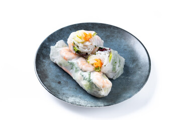Vietnamese spring rolls with vegetables, rice noodles and prawns isolated on white background