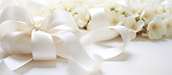 White flower ribbon on christening objects in closeup.