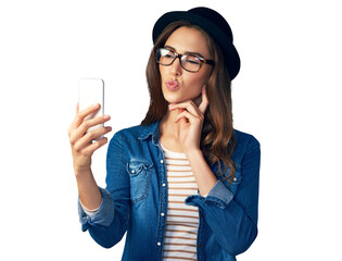 Isolated woman, glasses and hat in selfie, pouting and thinking with retro style by transparent png...