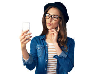 Isolated woman, glasses and hat in selfie, pouting and thinking with retro style by transparent png background. Girl, influencer and kiss with lips, emoji or ideas for live streaming on social media