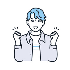 ガッツポーズをするカジュアルな服装の若い男性のシンプルなベクターイラスト素材