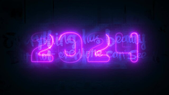 2024 text animation neon effect with graffity background.