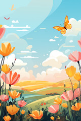 Fototapeta na wymiar Easter in Bloom: A Vibrant Spring Meadow with Colorful Tulips, Daffodils, and a Basket of Painted Eggs Under a Serene Blue Sky