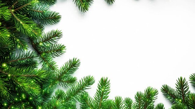Animation with flashing lights on a background with Christmas pine branches. Copy space
