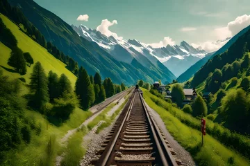 Poster Journey through the Swiss countryside aboard a train, the lush greenery passing by, mountains in the distance, a sense of calm and adventure © usama