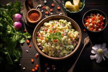 Olivier Salad surrounded by its ingredients on wooden table. - 686096876