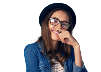 Isolated woman, mustache and hand by portrait with smile, face or funny by transparent png background. Girl, glasses and retro fashion for comic emoji, joke and art on finger for beard with laugh