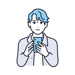 笑顔でスマホを見るカジュアルな服装の若い男性のシンプルなベクターイラスト素材