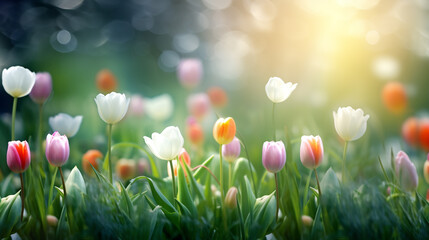 Colorful tulip flowers with bokeh background. Spring or summer concept. Colorful tulip flowers...