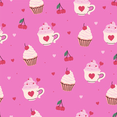 Seamless valentine s day pattern with drinks and cakes. Vector graphics.