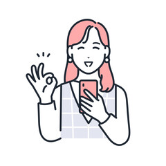 スマートフォンを持ってOKサインをするおしゃれな若い女性のシンプルなベクターイラスト素材