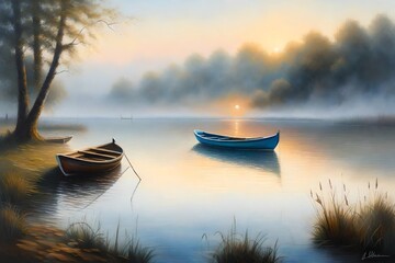 Experience the tranquility of an oil-painted lake at dawn, mist rising from the water's surface, a small boat anchored near the shore