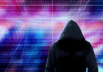 mysterious hacker in hood, binary technology backdrop  - obrazy, fototapety, plakaty