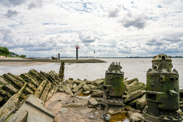 View of the Falkensteiner Ufer and the Polstjernan shipwreck. Historical sight on the Elbe near...