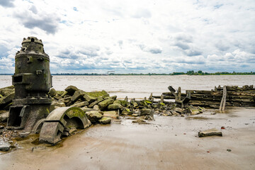 View of the Falkensteiner Ufer and the Polstjernan shipwreck. Historical sight on the Elbe near Hamburg.