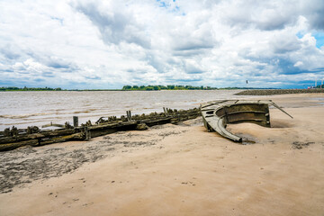 View of the Falkensteiner Ufer and the Polstjernan shipwreck. Historical sight on the Elbe near Hamburg.