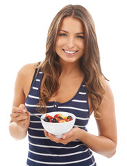 Portrait, breakfast and smile with a woman eating fruit salad in a bowl isolated on a transparent...