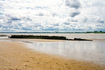 View of the Falkensteiner Ufer and the Polstjernan shipwreck. Historical sight on the Elbe near Hamburg.