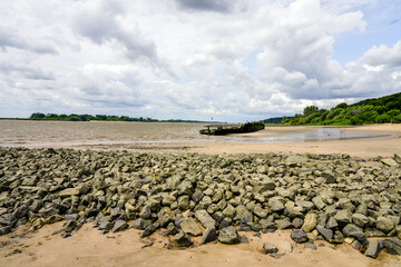 View of the Falkensteiner Ufer and the Polstjernan shipwreck. Historical sight on the Elbe near Hamburg.