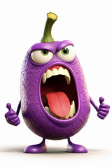 Comic eggplantcharacter frenzy yelling fruit emoji on white background