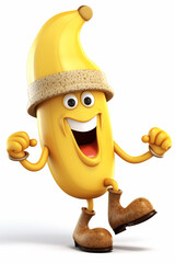 Comic Banana character frenzy yelling fruit emoji on white background