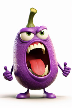 Naklejki Comic eggplantcharacter frenzy yelling fruit emoji on white background