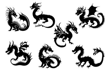 Vector set of black dragon's silhouettes. Chinese New Year of a Dragon.