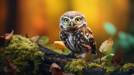 Little owl (Athene noctua) sitting on dry autumn tree. Autumn forest in background. Little owl portrait. Owl sitting on branch. Owl on tree