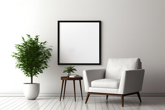 White room with white chair and framed picture, 3d illustration, in the style of bold