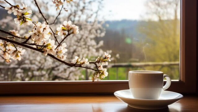 Warm coffee by the window with a view of beautiful spring flowers. Seamless looping video background animation. Generated with AI