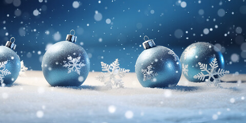 Fototapeta na wymiar Blue christmas balls on the snow, Blue christmas wallpaper banner photography, Christmas balls and snowflake on abstract background generative AI