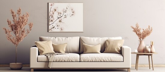 Stylish living room template with modern neutral sofa, mock-up poster frames, dried flowers in vase, coffee tables, decor and elegant accessories in home decor.