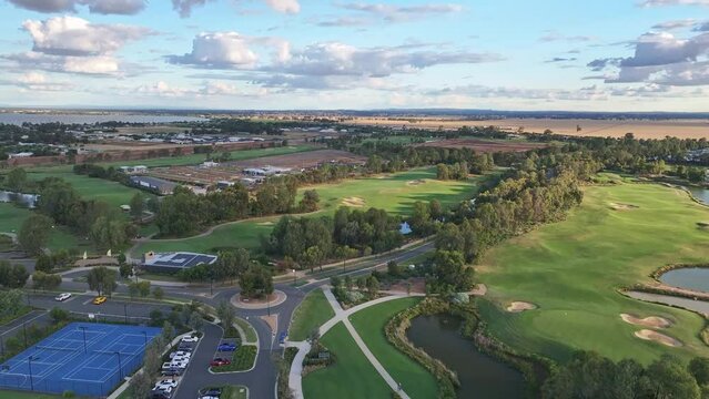 Over the Sebel Hotel tennis courts and car park and on towards the Black Bull Golf Course at Yarrawonga