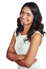 Portrait, smile and a call center employee arms crossed isolated on a transparent background for...