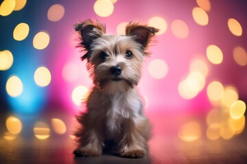 Charming mixed-breed puppy standing with warm glowing bokeh lights in the background