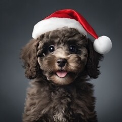 Adorable brown curly-haired puppy wearing a festive santa claus hat on a grey backdrop