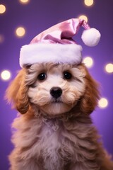 Charming cockapoo puppy sporting a pink santa claus hat against a bokeh light background