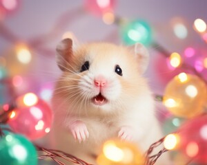 Cheerful hamster in the midst of twinkling christmas lights creating a joyful holiday vibe