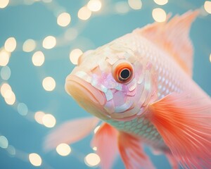 Fototapeta premium A shiny goldfish with a glittery party cone on a blue background with bokeh light effects