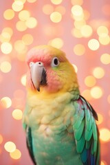 A lovebird offers a profile view with a cheerful bokeh background making it perfect for holidays