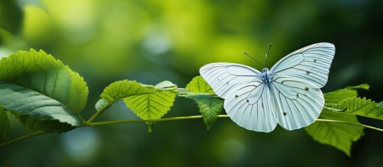 White butterfly resting on a leaf. - obrazy, fototapety, plakaty