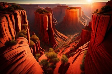 A sunlit canyon with towering red rock formations, casting long shadows in the warm light.

