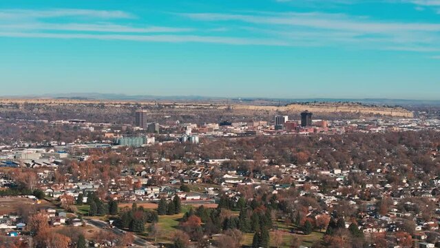 Drone flyover view of downtown billings, montana on a sunny day
