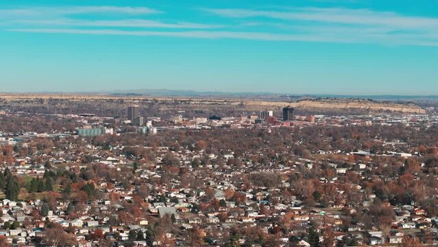 Drone flyover shot of Billings Montana downtown area during the day